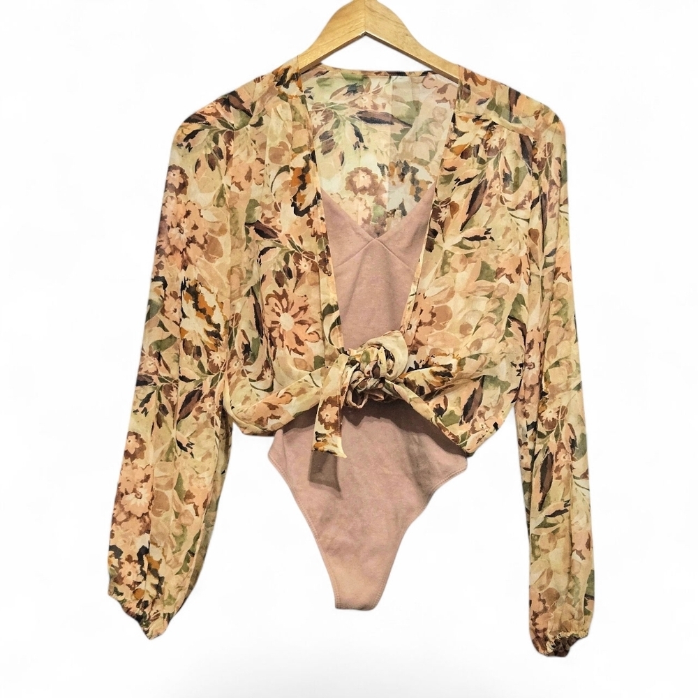 Wilfred  Floral  Bodysuit  Tie -Front in Cream and Tan XS
